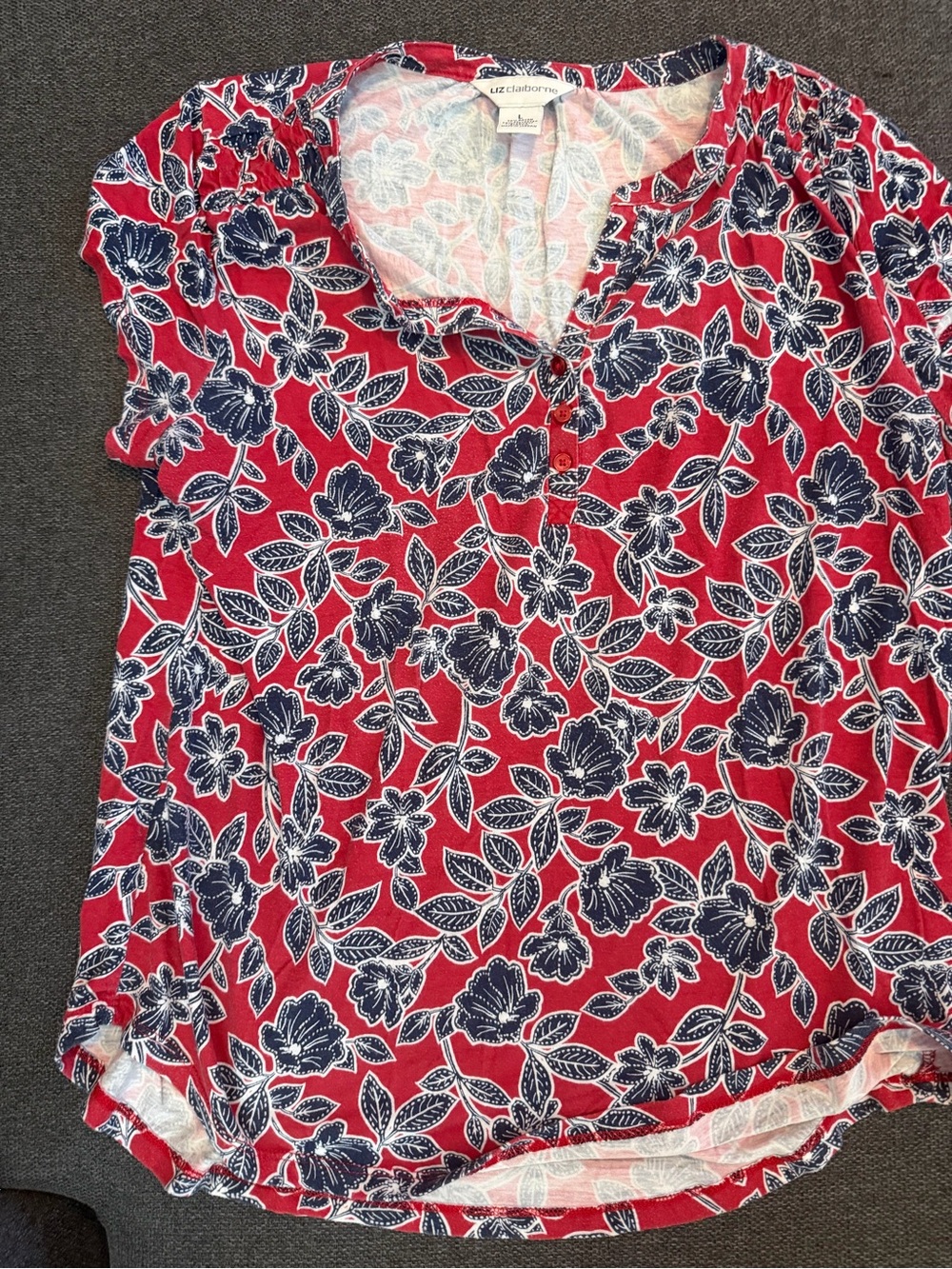 Liz Claiborne Red Floral Blouse with Navy Print